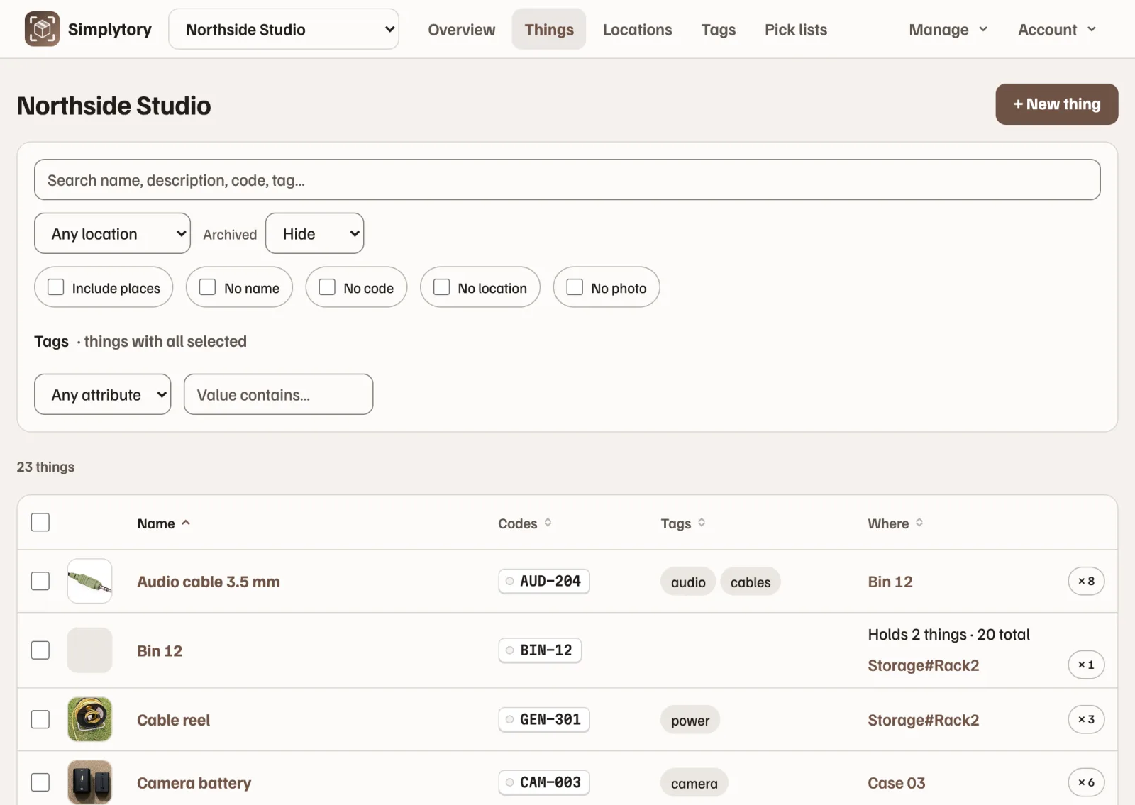 The Simplytory web admin in a browser: the Things list of Northside Studio, with photos, codes, tags and where each thing is.